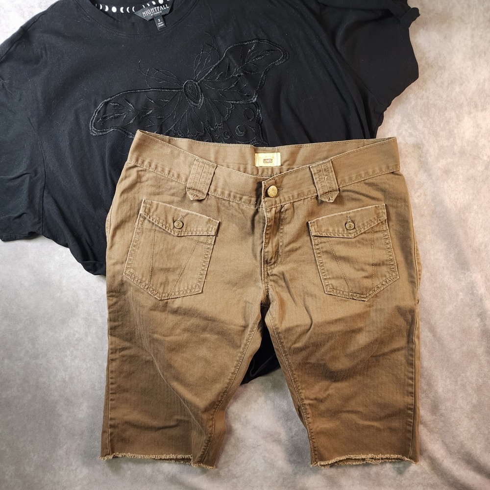 Levis Tab Twills Bermuda Shorts Womens 34 Khaki Brown Herringbone Raw Hem